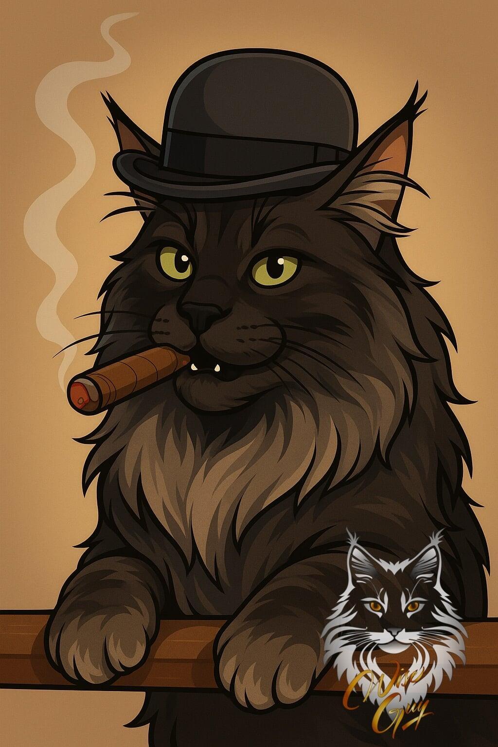 A striking portrait of a regal Maine Coon cat with an intense gaze.